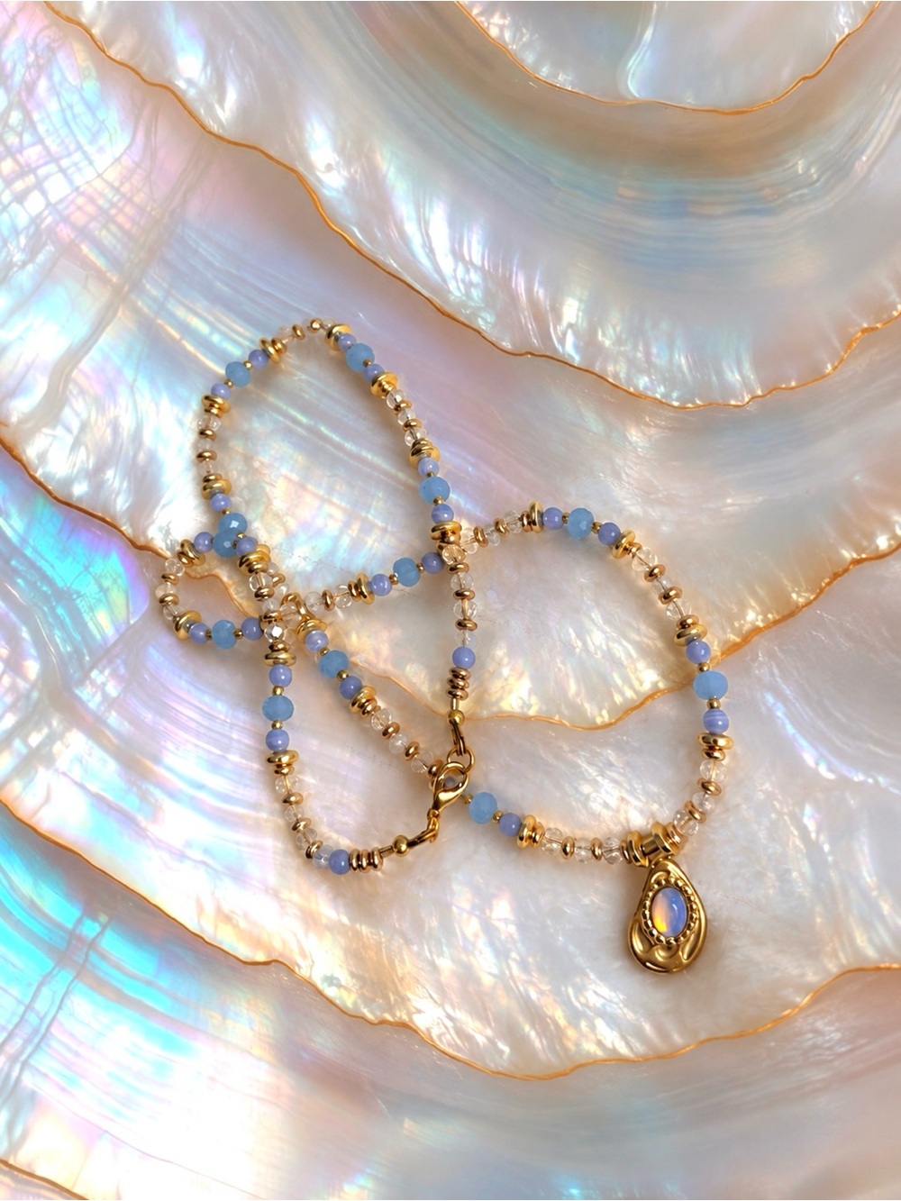 Gold & Light Blue Beaded Necklace With Opalite Pendant